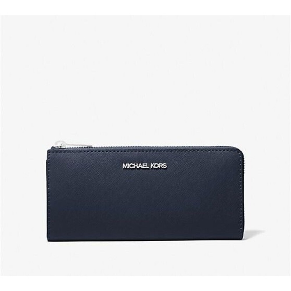 New Michael Kors Jet Set Travel Large Leather Quarter-Zip Wallet Navy